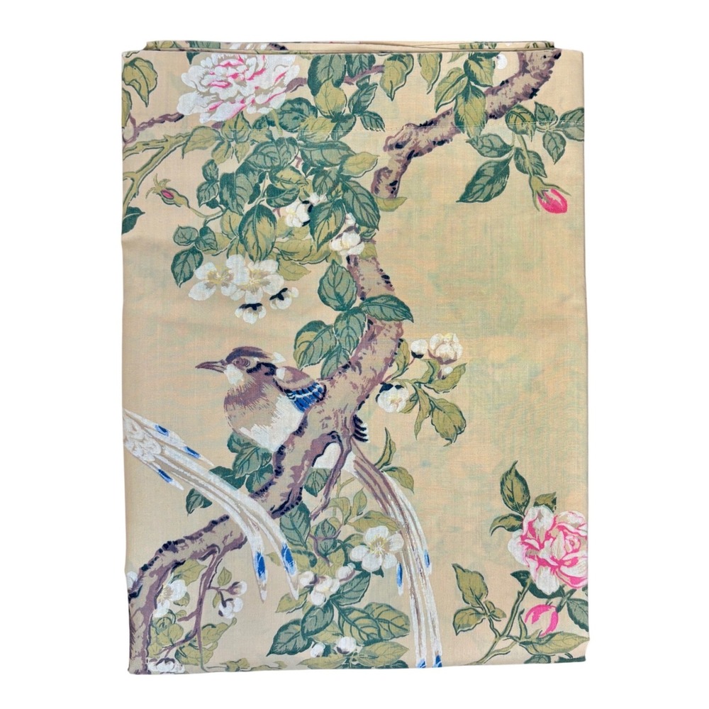 Vintage Springmaid Songbirds Queen Flat Sheet Chinoiserie Floral Bird Print Boho